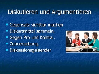 Diskutieren und Argumentieren Gegensatz sichtbar machen Diskursmittel sammeln. Gegen Pro und Kontra . Zuhoeruebung. Diskussionsgelaender 