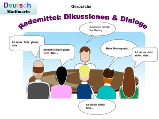 Deutsch
Matifmarin
Gespräche
Ausdrücken Sie bitte
Ihre Meinung…
Ich denke / finde / glaube,
dass …
Ich denke / finde / glaube
nicht, dass …
Ich bin mir sicher,
dass …
Meine Meinung nach…
Ich bin mir nicht
sicher, dass …
 