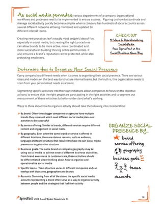 As social media pervades various departments of a company, organizational
workflows and processes need to be implemented to ensure success. Figuring out how to coordinate and
manage social activity quickly becomes complex when a company has hundreds of social accounts across
several different networks all being monitored and updated by
different internal teams.
                                                                                     CHECK OUT
Creating new processes isn’t exactly most people’s idea of fun,
                                                                                 5 Steps to Operationalizing
especially in social media, but creating the right procedures
                                                                                       Social Media
can allow brands to be more active, more coordinated and
                                                                                   from Spredfast on the
more successful in building thriving online communities. It
also ensures a brand’s reputation can be protected, while also                   Social Business News Blog
protecting employees.



Det er m in e H o w t o O rg a ni ze Your S oci al P res en ce
Every company has different needs when it comes to organizing their social presence. There are various
ideas and models on the best way to structure internal teams, but the truth is, this organization needs to
stem from your personalized needs as a brand.




                                                                                 Operationalizing
Segmenting specific activities into their own initiatives allows companies to focus on the objective
at hand, to ensure that the right people are participating in the right activities and to segment out
measurement of these initiatives to better understand what’s working.



                                                                                 Internal Workfl
Ways to think about how to organize activity should take the following into consideration:

» By brand. Often times bigger companies or agencies have multiple
  brands they represent which need different social media plans and
  activities to be successful
» By service offering. Similar to brands, different services require different   ORGANIZE SOCIAL
  content and engagement in social media
                                                                                  PRESENCE BY...
» By geography. Even when the same brand or service is offered in
  different locations, there are obvious reasons, such as audience,
                                                                                        brand
  language and team structure, that require it to have its own social media                                     SET
                                                                                    service offering
                                                                                                                RES
  presence or organization structure
» Business goals. The same brand or company geography may be                               geography
  using social media to achieve several different business objectives.                                           cr
  From brand awareness to customer care, these activities should
  be differentiated when thinking about how to organize and                        business goals                ov
  operationalize social media
                                                                                                                  a
» Specific teams. Team structure varies in different companies and can                           teams
                                                                                                                  a
  overlap with objectives, geographies and brands
» Accounts. Stemming from all of the above, the specific social media               accounts
  accounts representing a brand often serve as a way to organize activity                                         v
  between people and the strategies that fuel their activity

                                                                                      SOCIAL
                                                                                      CHAMPION             13
               2012 Social Media Resolutions ©
 