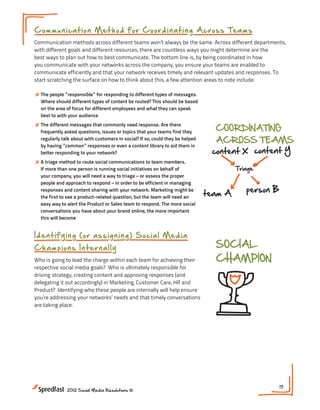 Internal Workflows and Processes
Comm u n ic a t io n M e t h o d f or Coord i n ati n g A cros s Team s POLICY
                                                             DEVELOP
ORGANIZE SOCIAL
    PRESENCE BY...                                                                ethics
Communication methods across different teams won’t always be the same. Across different departments,
with different goals and different resources, there are countless ways you might determine are the
                                                                                  judgement
best ways tobrand how to best communicate. The bottom line is, by being coordinated in how
              plan out
you communicate with your networks across theROLES &
                                       SET company, you ensure your teams are enabled to
       service offering                                                            copyrights
                                       RESPONSIBILITIES
communicate efficiently and that your network receives timely and relevant updates and responses. To

             geography
start scratching the surface on how to think about this, a few attention areas to note include:
                                                creating content                 responsibility
» The people ”responsible” for responding to different types of messages.
    business goals                              overseeing process
  Where should different types of content be routed? This should be based
  on the area of focus for different employees and what they can speak
                                                  approving content
                   teams
  best to with your audience
» The different messages that commonly need response. Are there
                                                  administration              COORDINATING
      accounts with customers in social? If so, could they be helped
  frequently asked questions, issues or topics that your teams find they
  regularly talk about
                                                  viewing only                ACROSS TEAMS
  by having ”common” responses or even a content library to aid them in
  better responding to your network?                                         content X content Y
» A triage method to route social communications to team members.
        SOCIAL
  If more than one person is running social initiatives on behalf of                 Triage
  your CHAMPION a way to triage – or assess the proper
        company, you will need
  people and approach to respond – in order to be efficient in managing
  responses and content sharing with your network. Marketing might be
                                                                            team A      person B
  the first to see a product-related question, but the team will need an
  easy way to alert the Product or Sales team to respond. The more social
    NEXT STEPS:
  conversations you have about your brand online, the more important

    1. What are the workflows needed to implement and manage
  this will become

         social activity across internal departments?
I d e n t i f y i n g ( o r a s s i g n i n g) Social Media
     2. What team is responsible for what type of social content
Cha m p i o n s I n t e rn a l l y                          SOCIAL
           and engagement?
Who 3.going to your organization done for achieving audit
      is Has lead the charge within each team a social their                    CHAMPION
                                                                            of all social
respective social media goals? Who is ultimately responsible for
          accounts being used across channels?
driving strategy, creating content and approving responses (and
delegating it out accordingly) in Marketing, Customer Care, HR and
Product? Identifying who these people are internally will help ensure
you’re addressing your networks’ needs and that timely conversations
are taking place.




                                                                                                   15
              2012 Social Media Resolutions ©
 