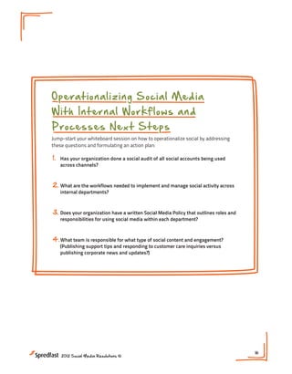 O perationalizing Social Media
With Internal Workflows and
Processes N ext Steps
Jump-start your whiteboard session on how to operationalize social by addressing
these questions and formulating an action plan:

1.   Has your organization done a social audit of all social accounts being used
     across channels?



2. What are the workflows needed to implement and manage social activity across
     internal departments?



3. Does your organization have a written Social Media Policy that outlines roles and
     responsibilities for using social media within each department?



4. What team is responsible for what type of social content and engagement?
     (Publishing support tips and responding to customer care inquiries versus
     publishing corporate news and updates?)




                                                                                       16
     2012 Social Media Resolutions ©
 