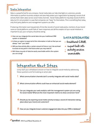 Integration
D a t a Int e g ra t io n INTEGRATING CHANNELS
                                  link, embed, share social activity
Data is a powerful tool for any company. Social media data can help shed light on customers, provide
information to perform business analysis and also help protect your organization by keeping a record of all
activity that’s taken place across social media channels. Social media platforms may keep record of all this
                                website                  documents
data, but it’s not provided in a way that companies can ”keep” for themselves. This is something that, today,
only third party platforms and management systems can offer.               email
                                                  events
If retaining information over long periods of time like records of social media posts, mentions of your brand
name on social platforms, audit trails of team responses and all the analytics of your social initiatives is
important to you, your company should be asking:
                       WEB ANALYTICS
» How can you integrate this social data into your traditional CRM
  system or database?
                             traffic from social links                        DATA INTEGRATION
» Is there an option to export all ofvisits fromin bulk so that you can
                             new this information social media                  traditional CRM
  always ”own” your data?
                             value of activity & conversions
» Will you lose activity after a certain amount of time or can it be archived    export bulk info
  to access at any point in the future when you may need it?
                                                                                   activity archive
» Will these mounds of data be easily searchable within the system
  you are using?                                                                   searchable
                            NEXT STEPS:
                             1. What communication channels don t currently
                            have social media integrated?
         Integrationmanagement system youanalytics with
                                   N ext Steps are using?
                         2. Can you integrate your web
                            the
                         3. Should you be exporting social media activity
         Jump-start your whiteboard session on how to integrate social media by addressing
         these questions and formulating an action plan
                            to keep a record of interactions?
          1.   What communication channels don’t currently integrate with social media data?



          2. What communication efforts could have an enhanced social media element?


          3. Can you integrate your web analytics with the management system you are using
               for social media? What are the most important metrics to show conversion here?



          4. Should you be exporting social media activity to keep a record of interaction taking
               place about your brand and customers?



          5.   How can you integrate known customer engagement data into your CRM or database?




                                                                                                                27
                2012 Social Media Resolutions ©
 