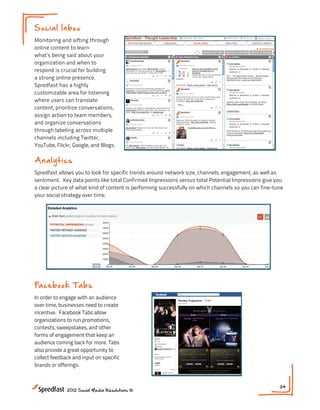 Soci a l Inb o x
Monitoring and sifting through
online content to learn
what’s being said about your
organization and when to
respond is crucial for building
a strong online presence.
Spredfast has a highly
customizable area for listening
where users can translate
content, prioritize conversations,
assign action to team members,
and organize conversations
through labeling across multiple
channels including Twitter,
YouTube, Flickr, Google, and Blogs.

Analytics
Spredfast allows you to look for specific trends around network size, channels, engagement, as well as
sentiment. Key data points like total Confirmed Impressions versus total Potential Impressions give you
a clear picture of what kind of content is performing successfully on which channels so you can fine-tune
your social strategy over time.




Fa ceb ook Tabs
In order to engage with an audience
over time, businesses need to create
incentive. Facebook Tabs allow
organizations to run promotions,
contests, sweepstakes, and other
forms of engagement that keep an
audience coming back for more. Tabs
also provide a great opportunity to
collect feedback and input on specific
brands or offerings.


                                                                                                       34
              2012 Social Media Resolutions ©
 