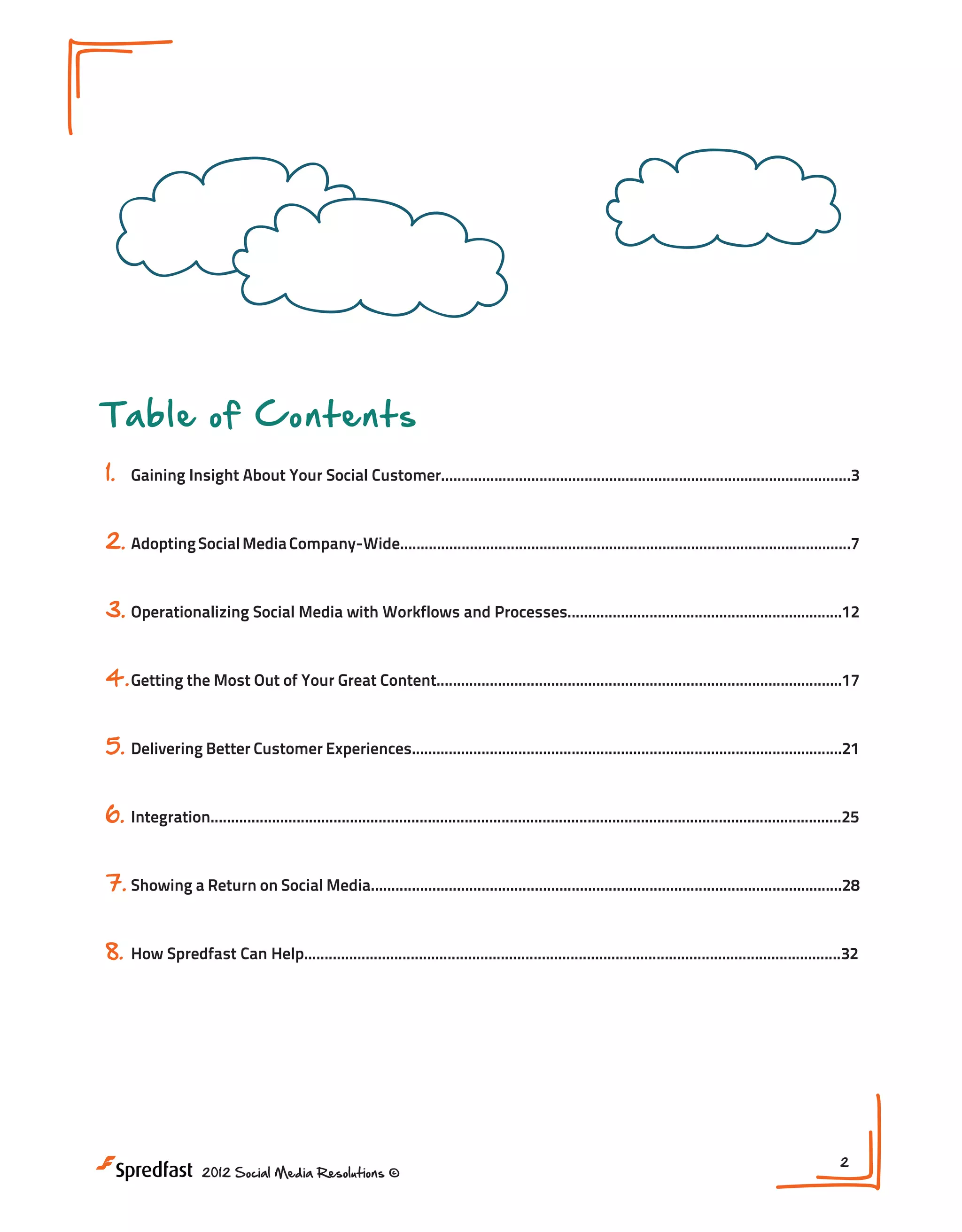 Table of Contents
1.

Gaining Insight About Your Social Customer....................................................................................................3

2. Adopting Social Media Company-Wide..............................................................................................................7
3. Operationalizing Social Media with Workflows and Processes...................................................................12
4. Getting the Most Out of Your Great Content...................................................................................................17
5. Delivering Better Customer Experiences.........................................................................................................21
6.

Integration..........................................................................................................................................................25

7. Showing a Return on Social Media...................................................................................................................28
8.

How Spredfast Can Help...................................................................................................................................32

2012 Social Media Resolutions ©

2

 
