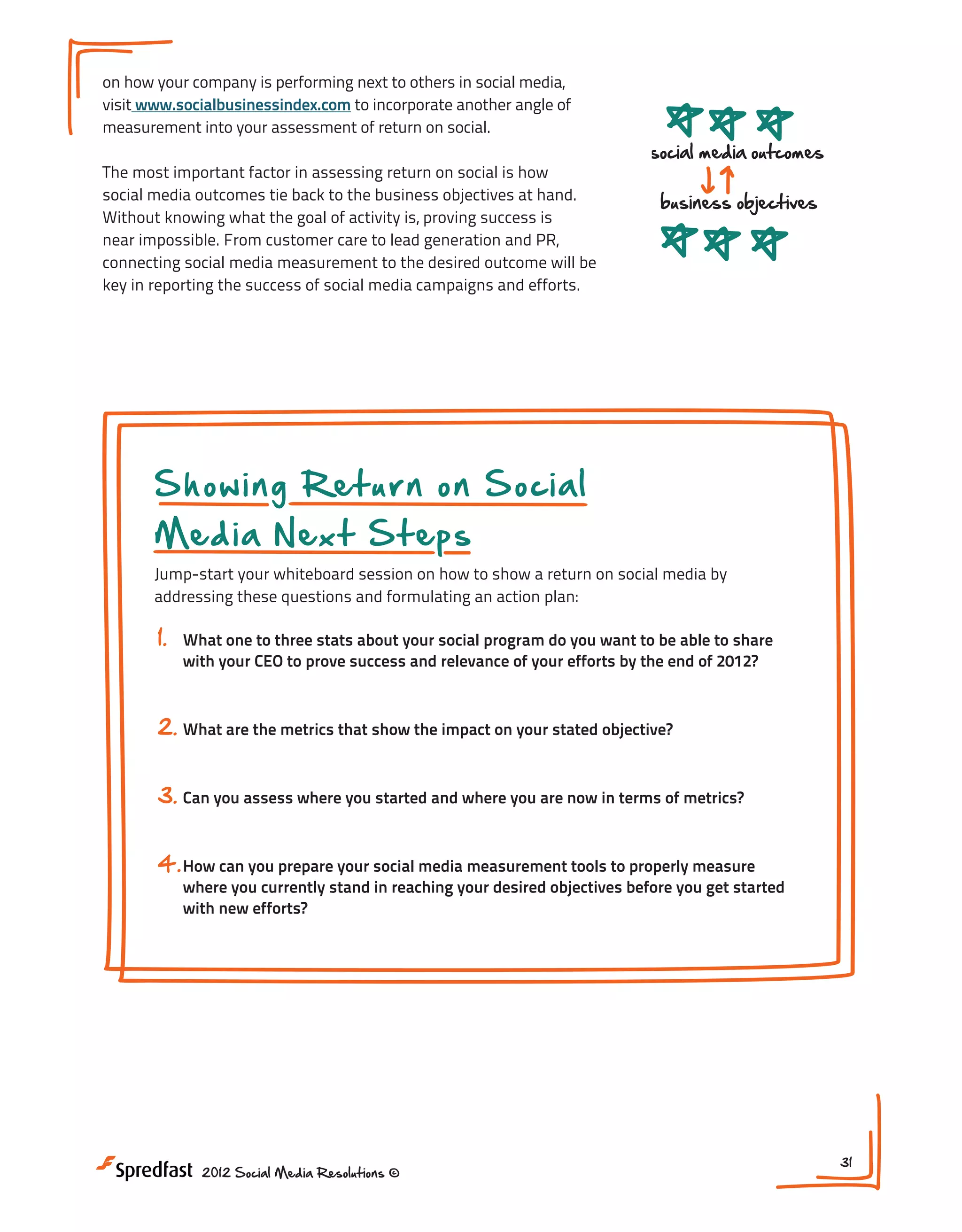 BENCHMARKS

socialbusinessindex.com

on how your company is performing next to others in social media,
visit www.socialbusinessindex.com to incorporate another angle of
measurement into your assessment of return on social.
The most important factor in assessing return on social is how
social media outcomes tie back to the business objectives at hand.
Without knowing what the goal of activity is, proving success is
near impossible. From customer care to lead generation and PR,
connecting social media measurement to the desired outcome will be
key in reporting the success of social media campaigns and efforts.

NEXT

social media outcomes

1. What
socia
2. What
on you
3. Can
wher

business objectives

Showing Return on Social
Media Next Steps

Jump-start your whiteboard session on how to show a return on social media by
addressing these questions and formulating an action plan:

1.

What one to three stats about your social program do you want to be able to share
with your CEO to prove success and relevance of your efforts by the end of 2012?

2. What are the metrics that show the impact on your stated objective?
3. Can you assess where you started and where you are now in terms of metrics?
4. How can you prepare your social media measurement tools to properly measure

where you currently stand in reaching your desired objectives before you get started
with new efforts?

2012 Social Media Resolutions ©

31

 