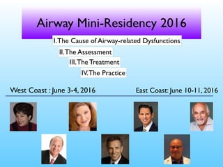 Airway Mini-Residency 2016
East Coast: June 10-11, 2016West Coast : June 3-4, 2016
II.The Assessment
I.The Cause of Airway-related Dysfunctions
III.The Treatment
IV.The Practice