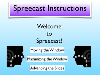 Spreecast Instructions
Welcome
to
Spreecast!
Advancing the Slides
Moving the Window
Maximizing the Window