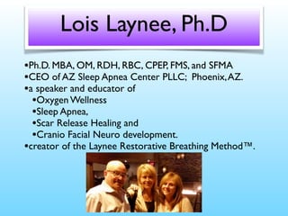 Lois Laynee, Ph.D
•Ph.D. MBA, OM, RDH, RBC, CPEP, FMS, and SFMA
•CEO of AZ Sleep Apnea Center PLLC; Phoenix,AZ.
•a speaker and educator of
•Oxygen Wellness
•Sleep Apnea,
•Scar Release Healing and
•Cranio Facial Neuro development.
•creator of the Laynee Restorative Breathing Method™.