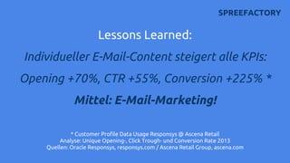 Lessons Learned:
Individueller E-Mail-Content steigert alle KPIs:
Opening +70%, CTR +55%, Conversion +225% *
Mittel: E-Mai...