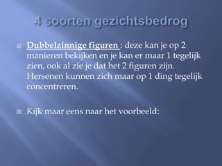    Dubbelzinnige figuren : deze kan je op 2
    manieren bekijken en je kan er maar 1 tegelijk
    zien, ook al zie je dat het 2 figuren zijn.
    Hersenen kunnen zich maar op 1 ding tegelijk
    concentreren.

   Kijk maar eens naar het voorbeeld:
 
