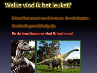 Welke vind ik het leukst?
  Ik houd het meest van de t-rex en de velociraptor .

  Omdat die gewelddadig zijn
 
