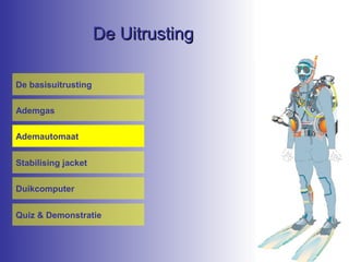 De Uitrusting
De basisuitrusting
Ademgas
Ademautomaat
Stabilising jacket
Duikcomputer
Quiz & Demonstratie

 
