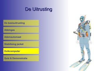 De Uitrusting
De basisuitrusting
Ademgas
Ademautomaat
Stabilising jacket
Duikcomputer
Quiz & Demonstratie

 