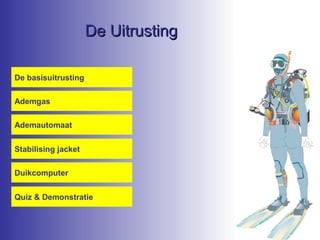 De Uitrusting
De basisuitrusting
Ademgas
Ademautomaat
Stabilising jacket
Duikcomputer
Quiz & Demonstratie

 