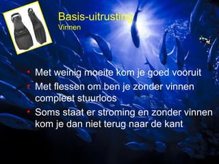 Basis-uitrusting
Vinnen

• Met weinig moeite kom je goed vooruit
• Met flessen om ben je zonder vinnen
compleet stuurloos
• Soms staat er stroming en zonder vinnen
kom je dan niet terug naar de kant

 