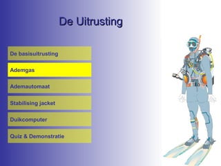 De Uitrusting
De basisuitrusting
Ademgas
Ademautomaat
Stabilising jacket
Duikcomputer
Quiz & Demonstratie

 
