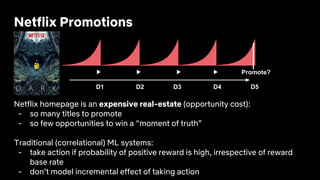 Netflix Promotions
Netflix homepage is an expensive real-estate (opportunity cost):
- so many titles to promote
- so few opportunities to win a “moment of truth”
Traditional (correlational) ML systems:
- take action if probability of positive reward is high, irrespective of reward
base rate
- don’t model incremental effect of taking action
D1 D2 D3 D4 D5
Promote?▶ ▶ ▶ ▶
 