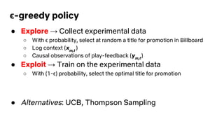 ϵ-greedy policy
● Explore → Collect experimental data
○ With ϵ probability, select at random a title for promotion in Billboard
○ Log context (xm,t
)
○ Causal observations of play-feedback (ym,t
)
● Exploit → Train on the experimental data
○ With (1-ϵ) probability, select the optimal title for promotion
● Alternatives: UCB, Thompson Sampling
 