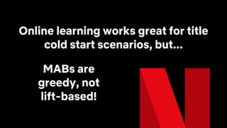 Online learning works great for title
cold start scenarios, but...
MABs are
greedy, not
lift-based!
 