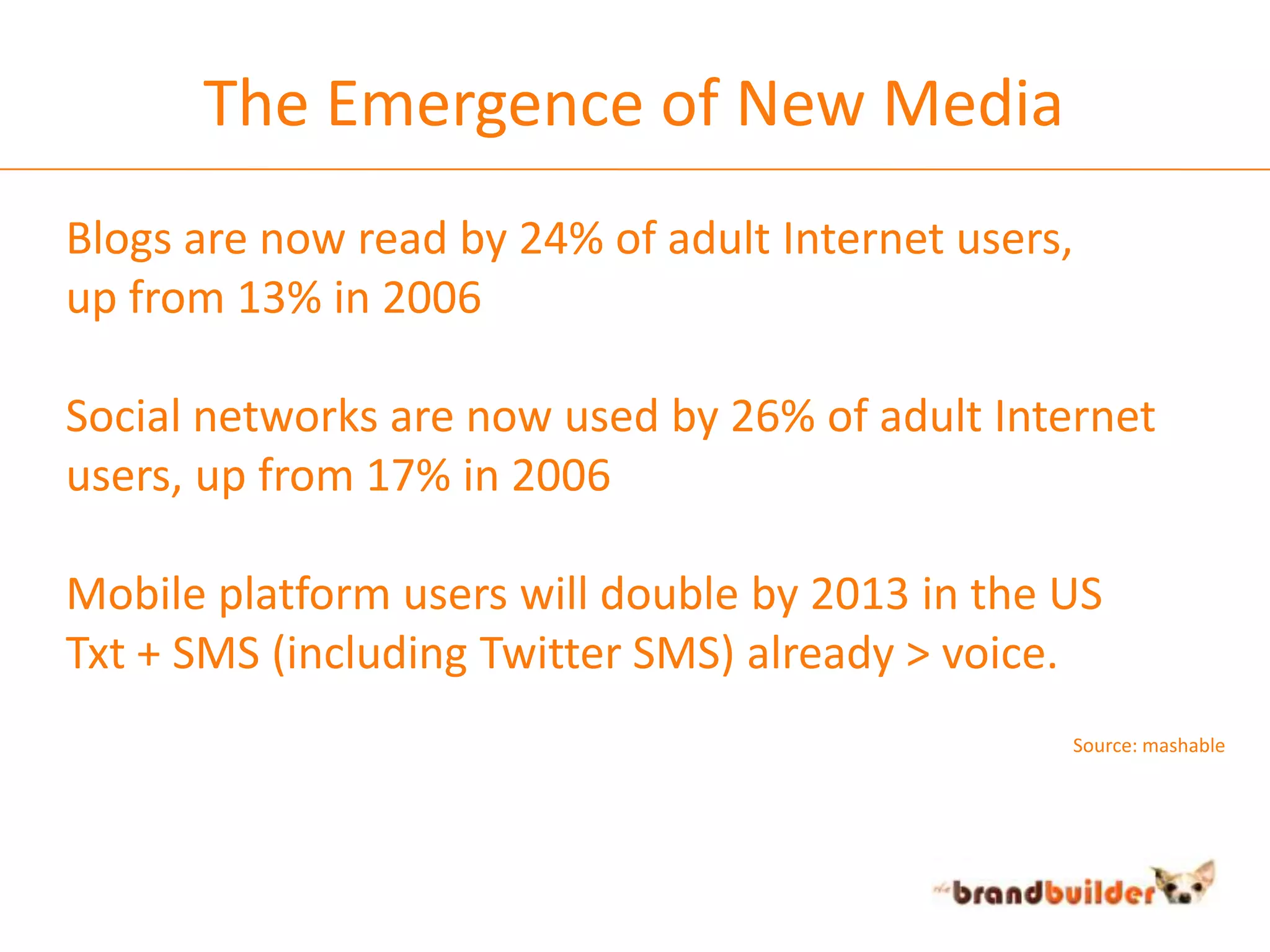 The Emergence of New MediaBlogs are now read by 24% of adult Internet users, up from 13% in 2006Social networks are now used by 26% of adult Internet users, up from 17% in 2006Mobile platform users will double by 2013 in the USTxt + SMS (including Twitter SMS) already > voice.Source: mashable