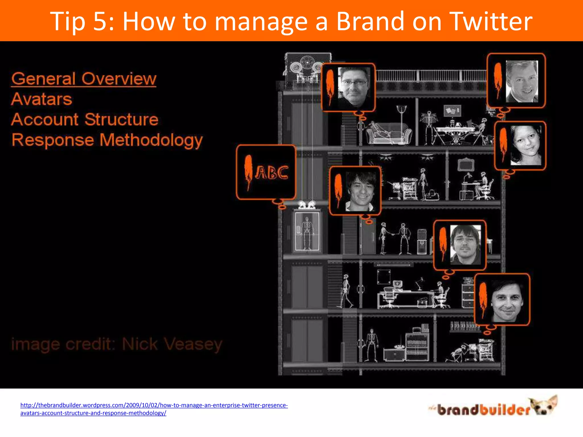 Tip 5: How to manage a Brand on Twitterhttp://thebrandbuilder.wordpress.com/2009/10/02/how-to-manage-an-enterprise-twitter-presence-avatars-account-structure-and-response-methodology/