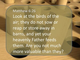 Matthew 6:26

Look at the birds of the
air; they do not sow or
reap or store away in
barns, and yet your
heavenly Father feeds
them. Are you not much
more valuable than they?

 