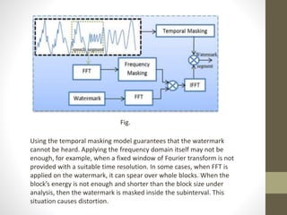 Fig.
Using the temporal masking model guarantees that the watermark
cannot be heard. Applying the frequency domain itself may not be
enough, for example, when a fixed window of Fourier transform is not
provided with a suitable time resolution. In some cases, when FFT is
applied on the watermark, it can spear over whole blocks. When the
block’s energy is not enough and shorter than the block size under
analysis, then the watermark is masked inside the subinterval. This
situation causes distortion.
 