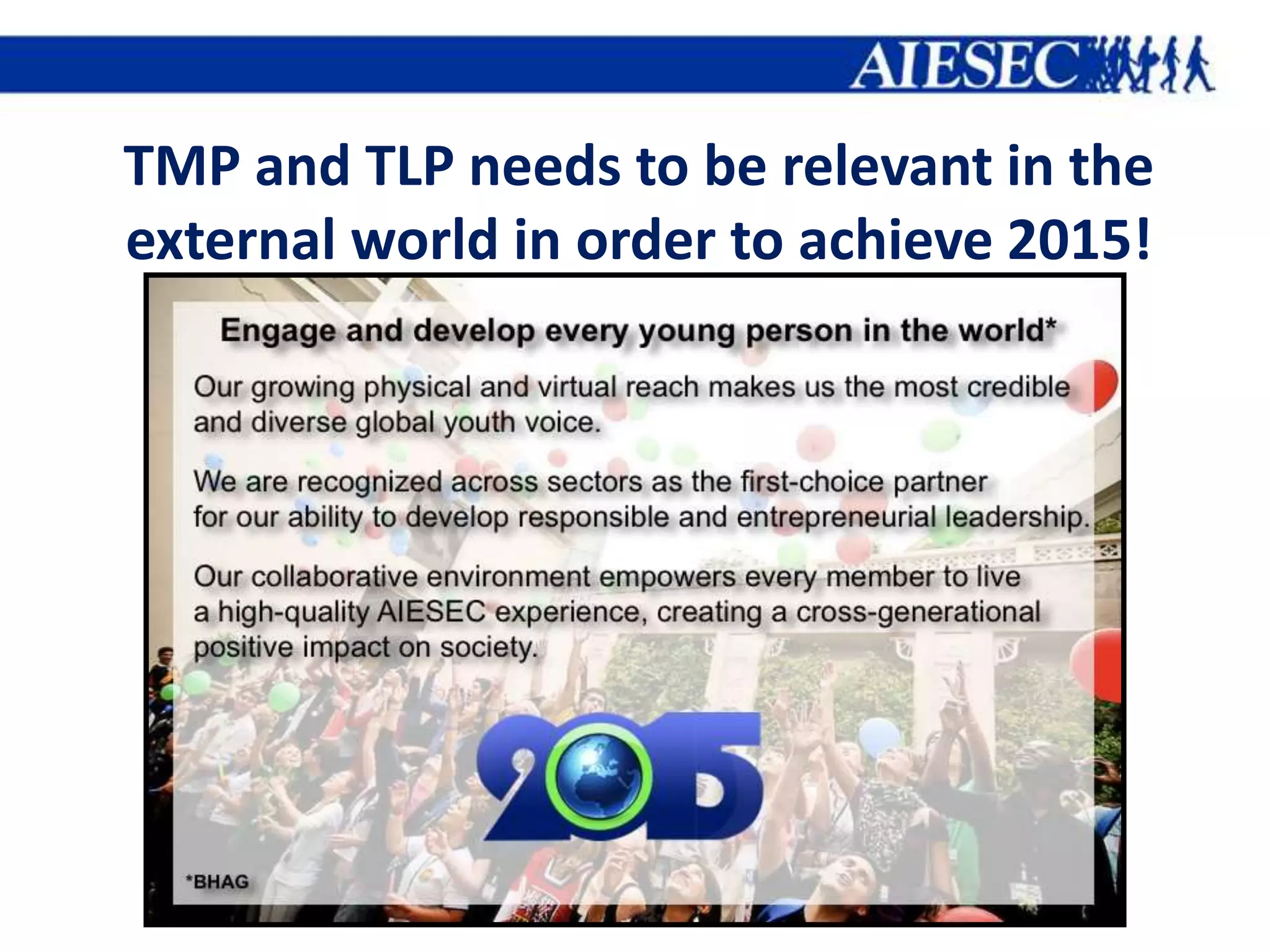 TMP and TLP needs to be relevant in the
external world in order to achieve 2015!
 