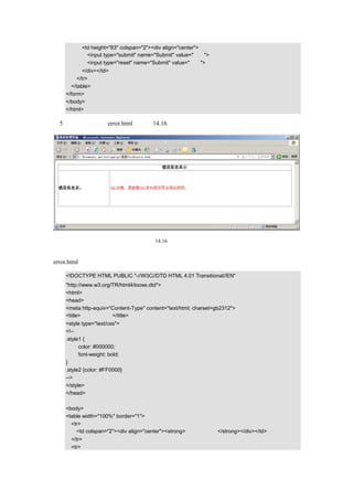 <td height="83" colspan="2"><div align="center">
           <input type="submit" name="Submit" value="登录">
           <input type="reset" name="Submit" value="重置">
          </div></td>
        </tr>
     </table>
   </form>
   </body>
   </html>

（5）错误处理页面 error.html，如图 14.16 所示。




                                    图 14.16   错误处理页面

该画面主要用来显示在示例运行过程中的错误信息。
error.html 的源代码如下所示：

   <!DOCTYPE HTML PUBLIC "-//W3C//DTD HTML 4.01 Transitional//EN"
   "http://www.w3.org/TR/html4/loose.dtd">
   <html>
   <head>
   <meta http-equiv="Content-Type" content="text/html; charset=gb2312">
   <title>错误处理页面</title>
   <style type="text/css">
   <!--
   .style1 {
         color: #000000;
         font-weight: bold;
   }
   .style2 {color: #FF0000}
   -->
   </style>
   </head>

   <body>
   <table width="100%" border="1">
     <tr>
       <td colspan="2"><div align="center"><strong>错误信息显示</strong></div></td>
     </tr>
     <tr>
 