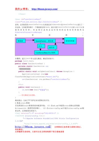 我的 je 博客： http://86asm.javaeye.com/

    </bean>


<bean id="userServiceBean"
class="com.asm.service.impl.UserServiceBean" />
说明：这里配置的 sessionFactory 实质就是对 hibernate 的 sessionFactory 进行了一
次包装，它的配置依赖于一个数据源实例 bean，最后再把 sessionFactory 纳入 spring 容
器 的 事 务 管 理 ， 但 是 要 注 意 的 是 这 时 使 用 的 是 事 务 管 理 器 类 为
HibernateTransactionManager                         。
配                置                  简              图           ：


    数据源              SessionFactory – 被包装          事务管理器

                        注入
                                    被管理

                     UserServiceBean 的 sf 属性


步骤四、建立junit单元进行测试，测试代码如下：
package junit.test;
public class UserServiceTest {
    private static UserService us;
    @BeforeClass
    public static void setUpBeforeClass() throws Exception {
        ApplicationContext ctx=new
ClassPathXmlApplicationContext("beans.xml");
        us=(UserService) ctx.getBean("userServiceBean");
    }
    @Test
    public void testSave() {
        us.save(new User("李某某"));
    }
    ...其它测试方法省略。
}
测试通过，完成了MVC的M层业务逻辑层的开发。
3.集成 struts 框架
首先准备好struts框架的基本配置环境：（1）在web.xml中配置struts的核心控制器
Actionservlet（配置代码省略）。 （2）在struts-config.xml中建立strus-config.xml配
置文件，它的配置内容如下：
<?xml version="1.0" encoding="ISO-8859-1" ?>
<!DOCTYPE struts-config PUBLIC
         "-//Apache Software Foundation//DTD Struts Configuration
1.3//EN"
          "http://struts.apache.org/dtds/struts-config_1_3.dtd">
                                    25
http://86asm.javaeye.com/                   文章错误之处肯请大家留言指正，
再此谢过。
文章编排目录结构，大家可以在文档结构图下很方便地查看
 