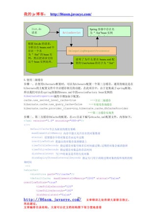 我的 je 博客： http://86asm.javaeye.com/


    list.do                                 Spring 容器中存在名
    请求                   ActionServlet      为“ /list”bean 实例
                                            Action:UserAction

  根据 list.do 的请求，
  分析出在 beans.xml 中
  存在一个名                      DelegatingRequestProcessor
  为“ /list” 的 bean 实
  例，然后把请求交给                        说明了为什么要在 beans.xml 配
  这个 bean 实例处理。                    置的 UserAction 的名字为“/list”




5.使用二级缓存
步骤一、在使用hibernate框架时，可以为hibenate配置一个第三方缓存。通常的做法是在
hibernate的主配置文件中开启缓存相关的功能。在此项目中，由于是集成了spring框架，
所以我们可以在spring容器的beans.xml中的sessionFactory bean实例的
hibernateProperties属性中增加如下配置：
cache.use_second_level_cache=true          -->开启二级缓存
hibernate.cache.use_query_cache=false     -->不使用查询缓存
hibernate.cache.provider_class=org.hibernate.cache.EhCacheProvider
                                         -->第三方缓存实现类
步骤二、第三方缓存EhCache的配置，在src目录下编写ehcache.xml配置文件，内容如下：
<?xml version="1.0" encoding="UTF-8"?>
<!--
     defaultCache节点为缺省的缓存策略
      maxElementsInMemory 内存中最大允许存在的对象数量
      eternal 设置缓存中的对象是否永远不过期
      overflowToDisk 把溢出的对象存放到硬盘上
      timeToIdleSeconds 指定缓存对象空闲多长时间就过期,过期的对象会被清除掉
      timeToLiveSeconds 指定缓存对象总的存活时间
      diskPersistent 当jvm结束是是否持久化对象
      diskExpiryThreadIntervalSeconds 指定专门用于清除过期对象的监听线程的轮
询时间
 -->
<ehcache>
    <diskStore path="C:cache"/>
    <defaultCache   maxElementsInMemory="1000" eternal="false"
overflowToDisk="true"
        timeToIdleSeconds="120"
        timeToLiveSeconds="180"
        diskPersistent="false"
                                    28
http://86asm.javaeye.com/                文章错误之处肯请大家留言指正，
再此谢过。
文章编排目录结构，大家可以在文档结构图下很方便地查看
 