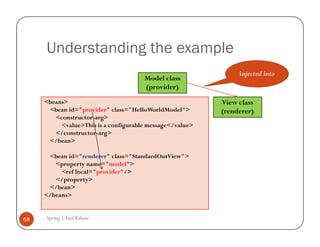 Understanding the example
                                                               injected into
                                      Model class
                                      (provider)

     <beans>                                              View class
      <bean id="provider" class="HelloWorldModel">        (renderer)
        <constructor-arg>
          <value>This is a configurable message</value>
        </constructor-arg>
      </bean>

      <bean id="renderer" class="StandardOutView">
        <property name="model">
          <ref local="provider"/>
        </property>
      </bean>
     </beans>


68   Spring | Atul Kahate
 