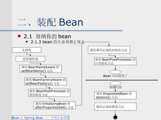 二、装配 Bean 2.1  容纳你的 bean 2.1.3 bean 的生命周期 ( 续 ) 实例化 设置属性值 调用 BeanNameAware 的 setBeanName() 方法 调用 BeanFactoryAware 的 setBeanFactory() 方法 调用 BeanPostProcessor 的 预初始化方法 调用 InitializingBean 的 afterPropertiesSet() 方法 调用调用定制的初始化方法 调用 BeanPostProcessor 的 后初始化方法 Bean 可以使用了 容器关闭 调用 DisposableBean 的 destory() 方法 调用定制的销毁方法 Bean 在 Spring Bean 工厂中的生命周期 