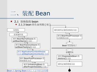 二、装配 Bean 2.1  容纳你的 bean 2.1.3 bean 的生命周期 ( 续 ) 实例化 设置属性值 调用 BeanNameAware 的 setBeanName() 方法 调用 BeanFactoryAware 的 setBeanFactory() 方法 调用 BeanPostProcessor 的 预初始化方法 调用 InitializingBean 的 afterPropertiesSet() 方法 调用调用定制的初始化方法 调用 BeanPostProcessor 的 后初始化方法 Bean 可以使用了 容器关闭 调用 DisposableBean 的 destory() 方法 调用定制的销毁方法 Bean 在 Spring Bean 应用上下文中的生命周期 调用 ApplicationContextAware 方法 setApplicationContext() 方法 
