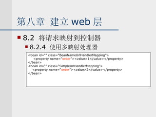 第八章 建立 web 层 8.2  将请求映射到控制器 8.2.4  使用多映射处理器 <bean id=“” class=“BeanNameUrlHandlerMapping”> <property name=“ order ”><value>1</value></property> </bean> <bean id=“” class=“SimpleUrlHandlerMapping”> <property name=“ order ”><value>2</value></property> </bean> 