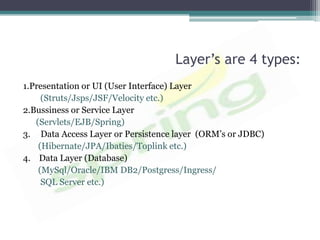 Layer’s are 4 types:
1.Presentation or UI (User Interface) Layer
     (Struts/Jsps/JSF/Velocity etc.)
2.Bussiness or Service Layer
   (Servlets/EJB/Spring)
3. Data Access Layer or Persistence layer (ORM’s or JDBC)
    (Hibernate/JPA/Ibaties/Toplink etc.)
4. Data Layer (Database)
    (MySql/Oracle/IBM DB2/Postgress/Ingress/
     SQL Server etc.)
 