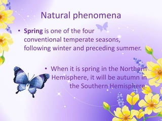Natural phenomena
• Spring is one of the four
conventional temperate seasons,
following winter and preceding summer.
• When it is spring in the Northern
Hemisphere, it will be autumn in
the Southern Hemisphere.
 