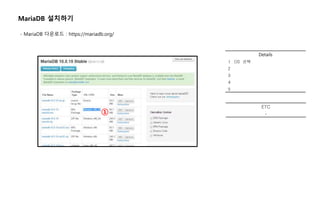 Details
1 OS 선택
2
3
4
5
①
ETC
-
MariaDB 설치하기
- MariaDB 다운로드 : https://mariadb.org/
 