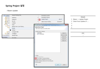 Details
1 Maven -> Update Project
2 Check Force Update of …..
3
4
5
- Maven Update
ETC
-
①
②
Spring Project 설정
 