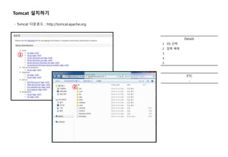 Details
1 OS 선택
2 압축 해제
3
4
5
Tomcat 설치하기
- Tomcat 다운로드 : http://tomcat.apache.org
①
ETC
-
②
 