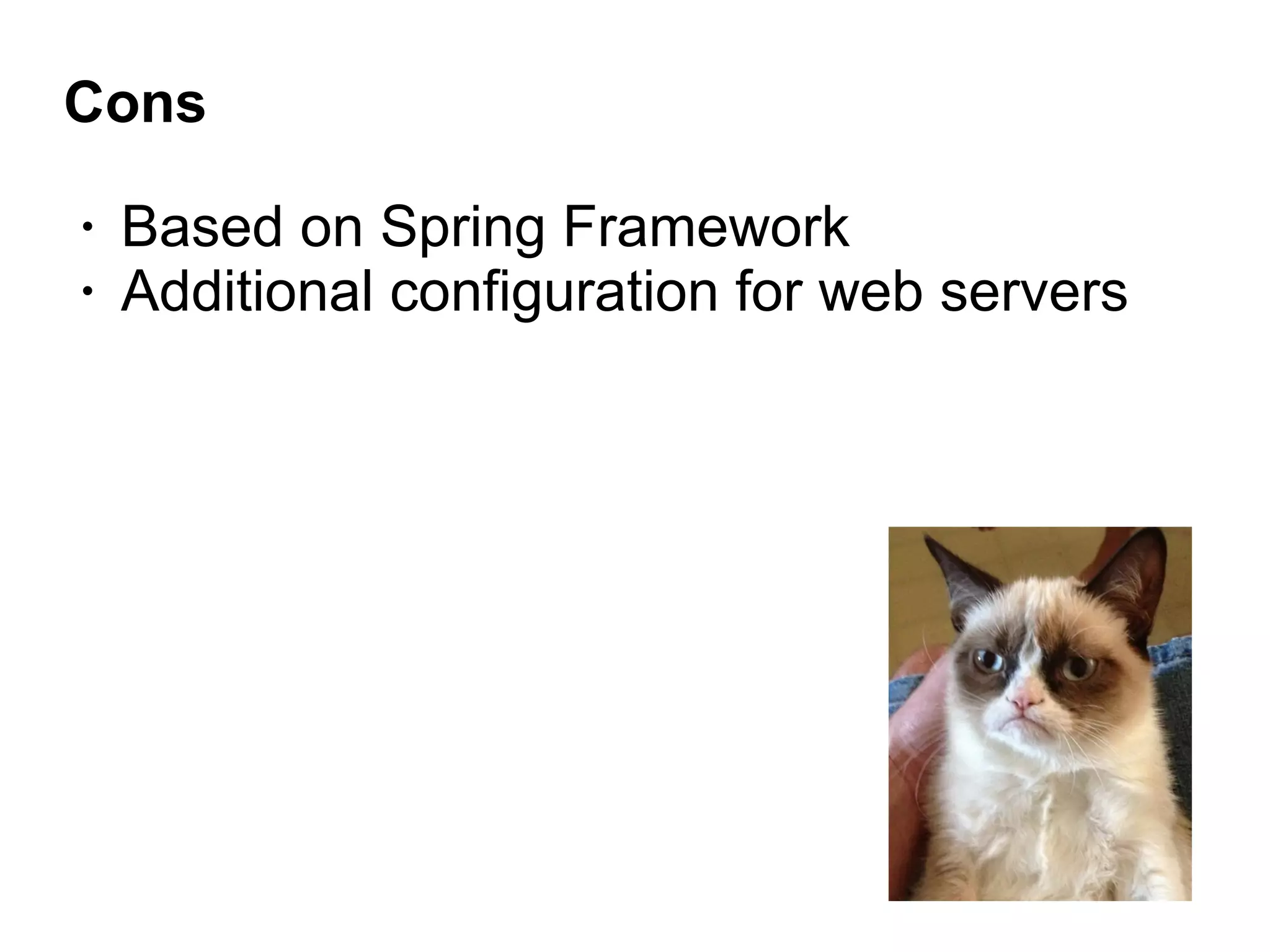 Cons
• Based on Spring Framework
• Additional configuration for web servers
 