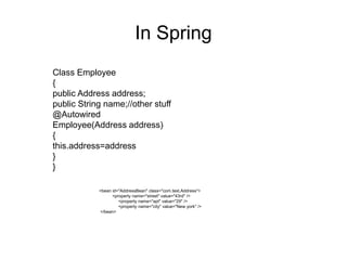 AOP
lIsolates non-core functionalities from code logic
*Cross cutting concerns are the functionalities
which are distributed accross the application but
are not part of any core module.
 