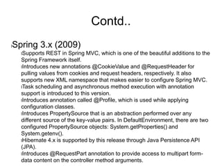 References
http://spring.io/
http://docs.spring.io/spring-
framework/docs/current/spring-framework-
reference/html/overview.html#overview-modules
http://kamalmeet.com/tag/spring/
http://www.mkyong.com/spring-security/spring-
security-hello-world-annotation-example/
Book: Learning Spring Application development
Book: Spring Enterprise Recipes
Book: Spring in Action
 