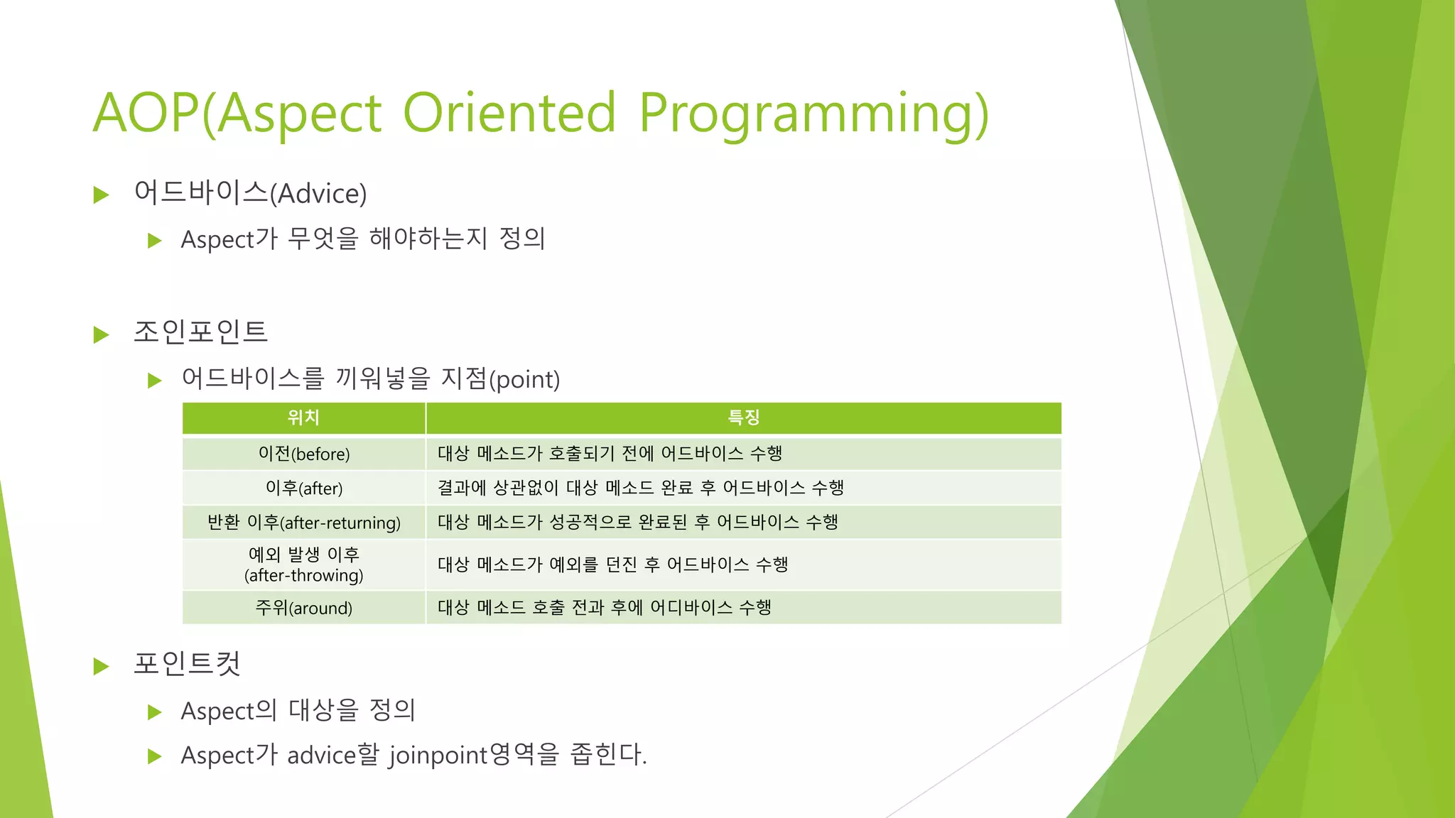 AOP(Aspect Oriented Programming)
 어드바이스(Advice)
 Aspect가 무엇을 해야하는지 정의
 조인포인트
 어드바이스를 끼워넣을 지점(point)
 포인트컷
 Aspect의 대상을 정의
 Aspect가 advice할 joinpoint영역을 좁힌다.
위치 특징
이전(before) 대상 메소드가 호출되기 전에 어드바이스 수행
이후(after) 결과에 상관없이 대상 메소드 완료 후 어드바이스 수행
반환 이후(after-returning) 대상 메소드가 성공적으로 완료된 후 어드바이스 수행
예외 발생 이후
(after-throwing)
대상 메소드가 예외를 던진 후 어드바이스 수행
주위(around) 대상 메소드 호출 전과 후에 어디바이스 수행
 