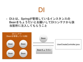 DI
• DIとは、Springが管理しているインスタンスの
Beanをちょうだいとお願いしてDIコンテナから該
当箇所に注入してもらうこと
DIコンテナ
（Beanを管理している箱）
Bean
Bean Bean
Bean UserCreateController.java
Beanちょうだい
Bean
 