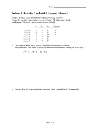 Name: _______________________________________


Problem 1 – Learning from Labeled Examples (40 points)

Imagine that you are given the following set of training examples.
Feature F1 can take on the values a, b, or c; Feature F2 is Boolean-valued;
and Feature F3 is always a real-valued number in [0,1].

                               F1    F2        F3       Category

               Example 1       a      T        0.2         +
               Example 2       b      F        0.5         +
               Example 3       b      F        0.9         +
               Example 4       b      T        0.6         –
               Example 5       a      F        0.1         –
               Example 6       a      T        0.7         –

a) How might a Naive Bayes system classify the following test example?
   Be sure to show your work. (Discretize the numeric feature into three equal-width bins.)

               F1 = c      F2 = T   F3 = 0.8




b) Describe how a 2-nearest-neighbor algorithm might classify Part a’s test example.




                                           Page 2 of 10
 