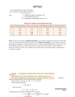 springs
Reference Churmi (Gupta) Page 9
Note;- It may be noted that a hinged end spring is one which is supported on pivots at both ends
as in case of springs having plain ends where as a built-in end spring is one in which a squared
and ground end spring is compressed between two rigid and parallel flat plates. It order to avoid
the buckling of spring, it is either mounted on a central rod or located on a tube. When the
spring is located on a tube, the clearance between the tube walls and the spring should be kept
as small as possible
Examples
 