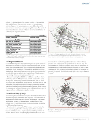 multiple 2.6 feature classes to be merged into one 3.0 feature class.
Also, one 2.6 feature class can relate to many 3.0 feature classes.
Additionally, some 2.6 feature classes are not in 3.0, and some 3.0
feature classes do not have a corresponding 2.6 version. The variety of
relationships between features in 2.6 and 3.0 complicated the task of
automating the migration process.
The Migration Process
Successful data migration required meeting two key goals: rapid con-
version and no data loss. During the transition process, each AF user
had to stop editing the current SDSFIE 2.6 geodatabase while it was
migrated to the AF Adaptation. Consequently, rapid data migration
was essential. Significant differences in the two versions necessitated
considerable data manipulation and required a carefully developed
methodology that ensured no data would be lost.
	 Because migrating from SDSFIE 2.6 to 3.0 was a significant effort,
automating as much of the process as possible was essential. Once
the migration methodology was envisioned, Python tools for use in
ArcToolbox were developed to assist GeoBase personnel with the task.
Using these tools, the transition process was accomplished more ef-
ficiently and resulted in minimal downtime for GeoBase. While creating
the tools was not without difficulties, in the end the tools were used to
migrate well over 1,000 sites in only a few months.
The Process Step by Step
ArcToolbox Python tools developed by the AF saved critical man-hours
while ensuring rapid and lossless data migration. The method the AF
developed requires an interim (transition) geodatabase. The interim
geodatabase contains 3.0 feature classes, but each feature class
includes both 2.6 and 3.0 attributes. Consequently, it was named the
2.6–3.0 merged geodatabase.
	 To automate the process, the AF developed a series of tools that
were separately applied. This multistep approach was adopted
because initial tests using a single script required long run times (as
much as 18 hours in one case). A lengthy run time might cause users
to conclude the tool had stopped in midprocess. In this multistep
process, each tool prepares the geodatabase for the next step. This
approach has the additional benefit of giving users an opportunity to
check the results of one operation before moving to the next—a safe-
guard against data corruption or loss. Each tool and the processes as-
sociated are listed in “An Overview of the SDSFIE v2.6 to v3.0 Migration
Process.”
 Figure 4: A Simple Site Where the Site Boundary Is an Appropriate
Choice for the Clipping Polygon
 Figure 5: A clipping polygon (in red) captures features outside
the site boundary when off-site/non-AF features (green is the site
boundary) are of interest for situational awareness purposes.
 Figure 6. A Clipping Polygon (in red) with Masks That Exclude Sites
That Fall within a Site
11Spring 2013  esri.com/fm
Software
 