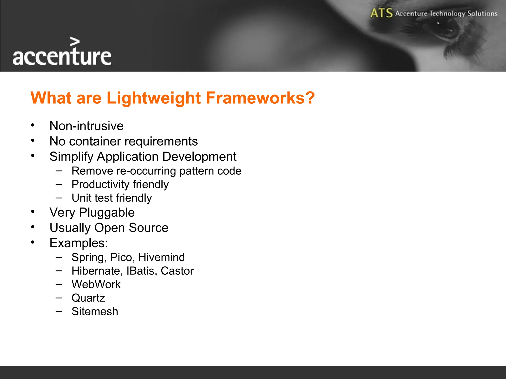 What are Lightweight Frameworks? • Non-intrusive • No container requirements • Simplify Application Development – Remove re-occurring pattern code – Productivity friendly – Unit test friendly • Very Pluggable • Usually Open Source • Examples: – Spring, Pico, Hivemind – Hibernate, IBatis, Castor – WebWork – Quartz – Sitemesh 