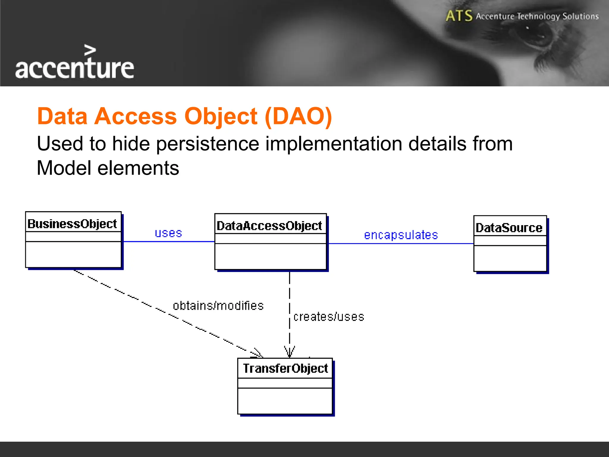 Data Access Object (DAO) Used to hide persistence implementation details from Model elements 